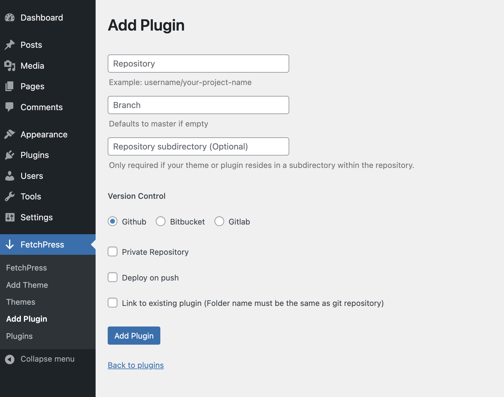 Add Plugin form
