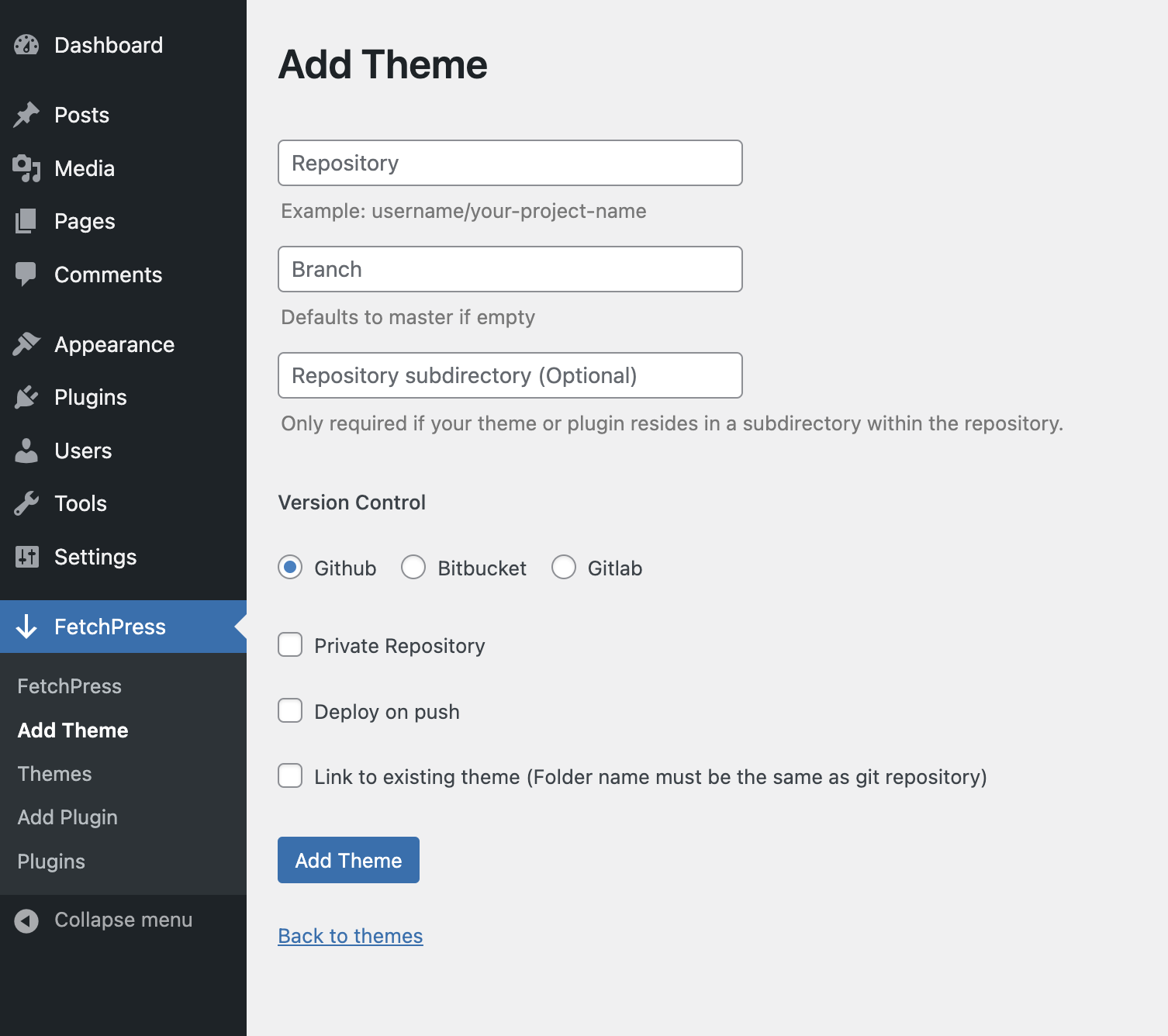 Add Theme form